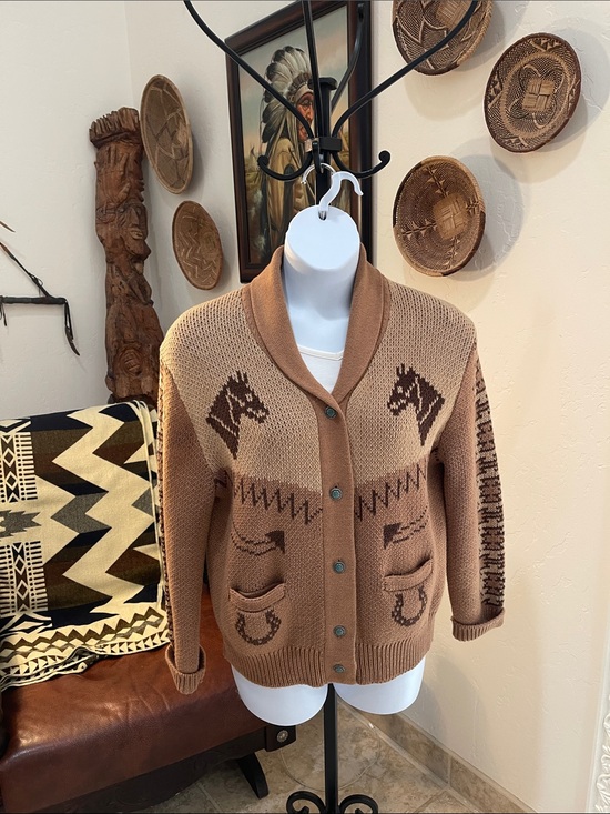 Tasha Polizzi Sweaters - Tasha Polizzi Tan and Brown Dakota Western Horse Motif Cardigan